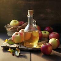 ai generiert Flasche Apfel Apfelwein Essig und frisch Äpfel foto