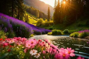 Blumen und ein Fluss im das Berge mit das Sonne leuchtenden. KI-generiert foto