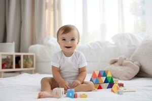 ai generiert Baby spielen mit bunt Blöcke auf Teppich. Baby T-Shirt Attrappe, Lehrmodell, Simulation. foto