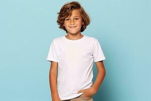 ai generiert Teenager Junge im Weiß T-Shirt auf Blau Hintergrund. T-Shirt Attrappe, Lehrmodell, Simulation. foto