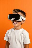 ai generiert Porträt von ein Junge im virtuell Wirklichkeit Brille auf ein Orange Hintergrund. Kinder T-Shirt Attrappe, Lehrmodell, Simulation. foto