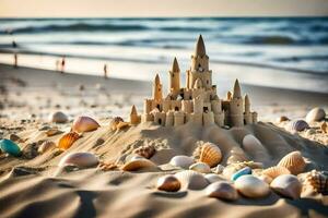ai generiert Sand Schloss auf das Strand foto