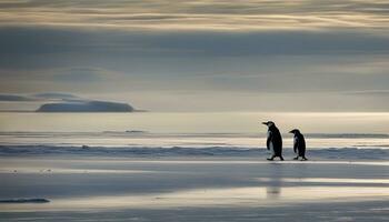 ai generiert zwei Pinguine Gehen auf das Strand im Vorderseite von ein Berg foto