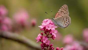 ai generiert ein Schmetterling ist thront auf ein Rosa Blume foto