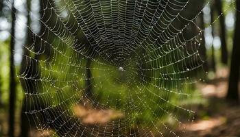 ai generiert ein Spinne Netz im das Wald foto