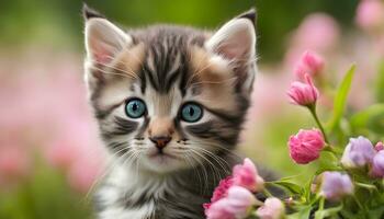 ai generiert ein Kätzchen ist Sitzung im das Gras mit Rosa Blumen foto