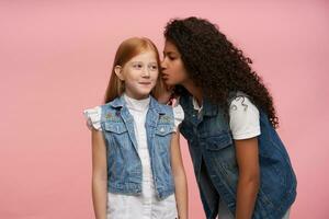 Studio Foto von jung schön lange behaart Mädchen Teilen und erzählen Geheimnis Geschichten durch Ohr, tragen Jeans Westen und Weiß Hemden während Stehen Über Rosa Hintergrund