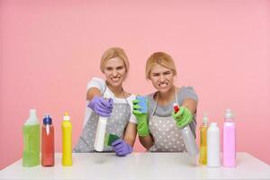 Innen- Foto von jung weißköpfig Frauen halten Flaschen mit Haushalt Chemikalien und runzelte die Stirn ihr Gesichter während suchen beim Kamera, Sitzung Über Rosa Hintergrund