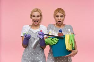 Porträt von jung blond Reinigung Damen halten Reinigung Zeug im angehoben Hände und suchen aufgeregt beim Kamera, Stehen Über Rosa Hintergrund. Hausarbeit und Hauswirtschaft Konzept foto