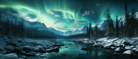 ai generiert Aurora Borealis Über makellos schneebedeckt Landschaft foto