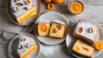 ai generiert Orange Kuchen mit Orange Scheiben auf Weiß Platten foto