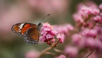 ai generiert ein Schmetterling ist Sitzung auf etwas Rosa Blumen foto