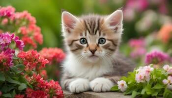 ai generiert ein Kätzchen ist Sitzung im Vorderseite von Blumen foto