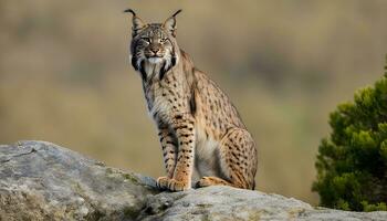 ai generiert ein Luchs ist Sitzung auf ein Felsen im das wild foto