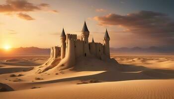 ai generiert ein Schloss im das Wüste mit ein Sonnenuntergang foto