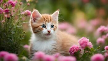 ai generiert ein Kätzchen im ein Feld von Rosa Blumen foto