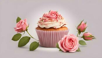 ai generiert Cupcake mit Rosa Rosen auf ein grau Hintergrund foto