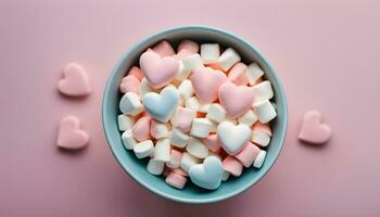 ai generiert ein Schüssel von Marshmallows mit Herzen auf ein Rosa Hintergrund foto