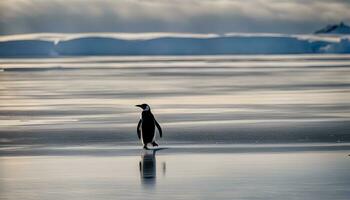 ai generiert ein Pinguin Gehen auf das Eis im Vorderseite von ein Berg foto