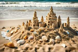 ai generiert ein Sand Schloss auf das Strand mit Muscheln und Muscheln foto