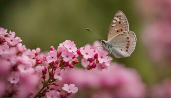 ai generiert ein Schmetterling ist thront auf etwas Rosa Blumen foto