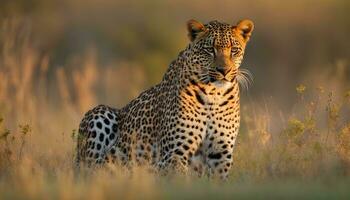 ai generiert ein Leopard ist Sitzung im das Gras im das Sonne foto