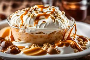 ai generiert ein Dessert mit Karamell und Nüsse ist serviert im ein Glas Schüssel foto