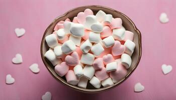 ai generiert ein Schüssel von Marshmallows auf ein Rosa Hintergrund foto