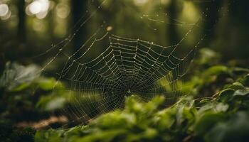 ai generiert ein Spinne Netz im das Mitte von ein Wald foto
