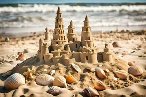 ai generiert ein Sand Schloss ist gezeigt auf das Strand foto