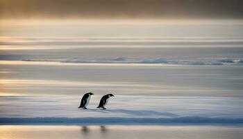 ai generiert zwei Pinguine Gehen über das Eis im das Sonne foto