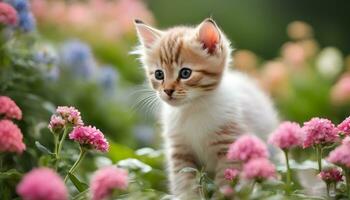 ai generiert ein Kätzchen ist Stehen im ein Feld von Blumen foto