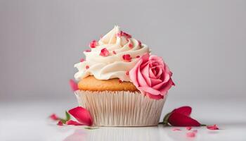 ai generiert Cupcake mit Rosa Rosen auf Weiß Hintergrund foto