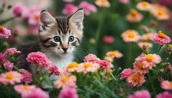 ai generiert ein Kätzchen ist Stehen im ein Feld von Blumen foto