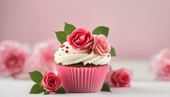 ai generiert Cupcake mit Rosa Glasur und Rosen auf ein Weiß Hintergrund foto