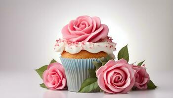 ai generiert Cupcake mit Rosa Rosen auf ein Weiß Hintergrund foto