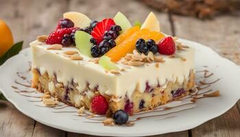 ai generiert ein Stück von Kuchen mit Obst auf oben foto