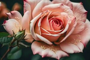 ai generiert ein schließen oben von ein Rosa Rose mit Wasser Tröpfchen foto