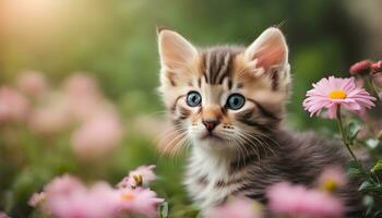 ai generiert ein Kätzchen ist Sitzung im ein Feld von Blumen foto