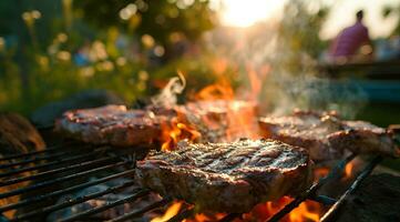 ai generiert Grill Grill Familie Picknick Party auf das Strand mit Spieße von Fleisch und Fleisch Steaks Über Holzkohle foto