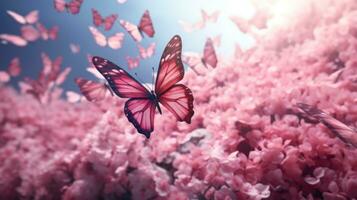 ai generiert blühen Sakura Blumen und fliegend Schmetterling gegen schön Hintergrund Makro im Tierwelt, Sanft Fokus. elegant künstlerisch Bild Natur Szene Schönheit von Umfeld. generativ ai foto
