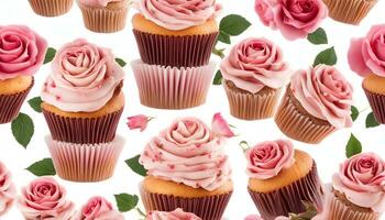 ai generiert Cupcakes mit Rosa Rosen auf Weiß Hintergrund foto