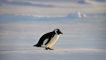 ai generiert ein Pinguin Stehen im das Schnee mit es ist Kopf Nieder foto