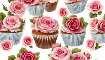 ai generiert Cupcakes mit Rosa Rosen auf ein Weiß Hintergrund foto