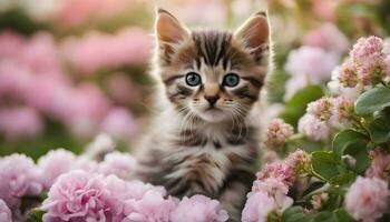 ai generiert ein Kätzchen ist Sitzung im ein Feld von Rosa Blumen foto