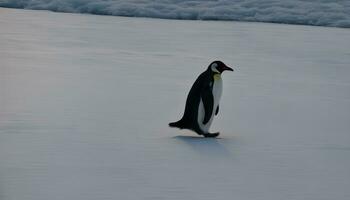 ai generiert ein Pinguin Gehen auf das Schnee foto