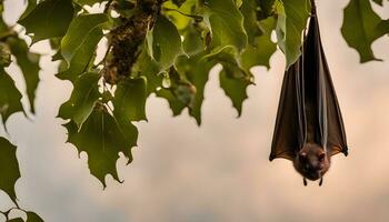 ai generiert ein Schläger hängt Kopf Nieder von ein Baum Ast foto