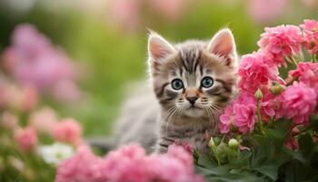 ai generiert ein Kätzchen ist Sitzung im ein Feld von Rosa Blumen foto