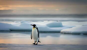 ai generiert ein Pinguin Gehen auf Eis im das Sonnenuntergang foto