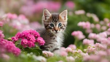 ai generiert ein Kätzchen ist Stehen im ein Feld von Rosa Blumen foto